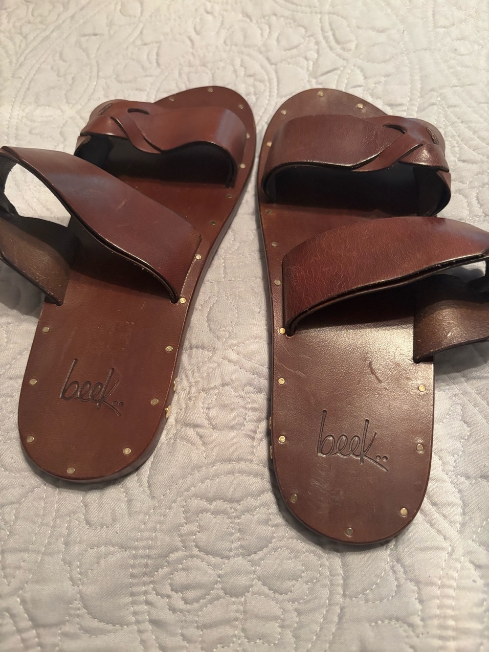 beek Brown Leather Double-Strap Flat Sandals